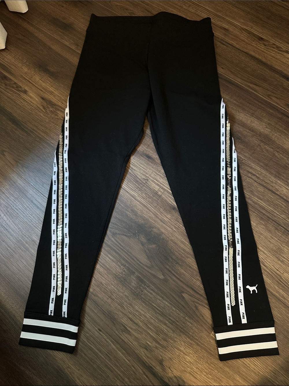 PINK Victoria's Secret Black Leggings with White Logo Tape Trim
